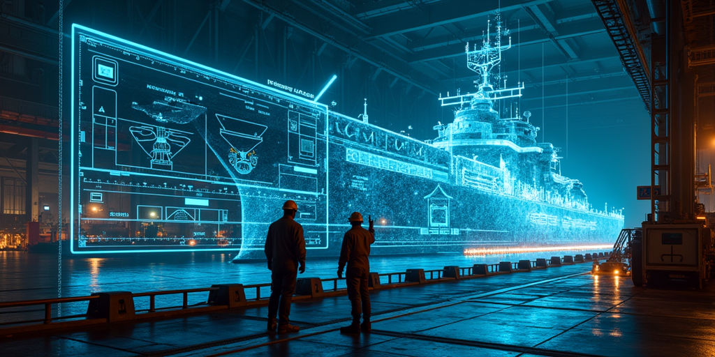 Цифровая 3D-модель корпуса судна на экране в конструкторском бюро верфи